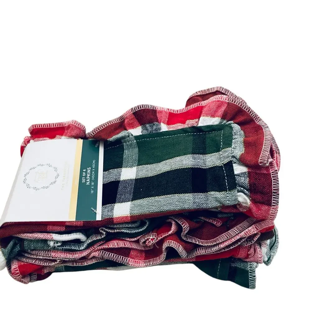 RACHEL ASHWELL Farmhouse Set 6 Christmas Plaid Cloth Napkins Red Green Gold NWT